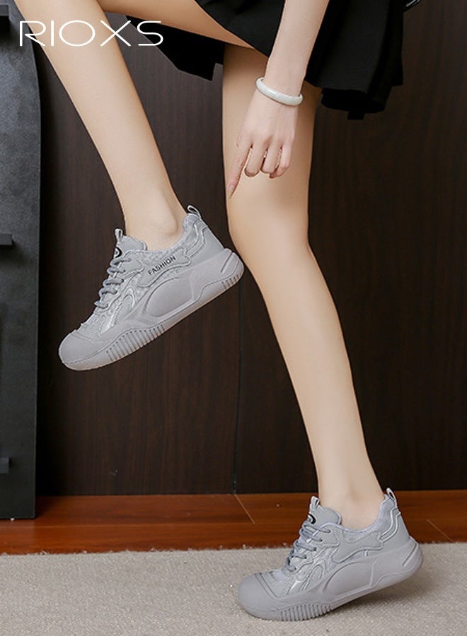 RIOXS Women's Breathable Casual White Sneakers, Fashionable Lace-Up Low-Top Thick-Sole Shoes, Classic Round Toe Comfortable Thick Sole, Versatile Everyday Style for Fashion and Practicality, Grey - Image 2